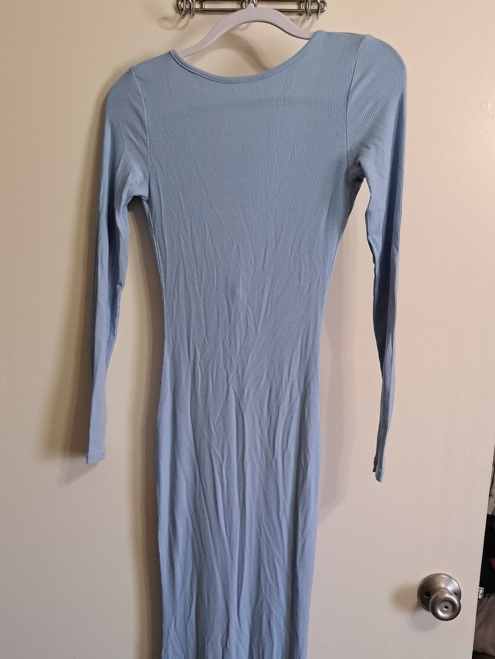 ReoRia Light Blue Ribbed Long Sleeve Maxi Dress